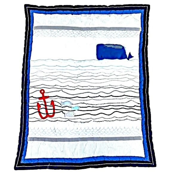 Quilted Nautical Baby Crib Blanket- Ocean Whale & Anchor Design Cloud Island - Picture 1 of 14
